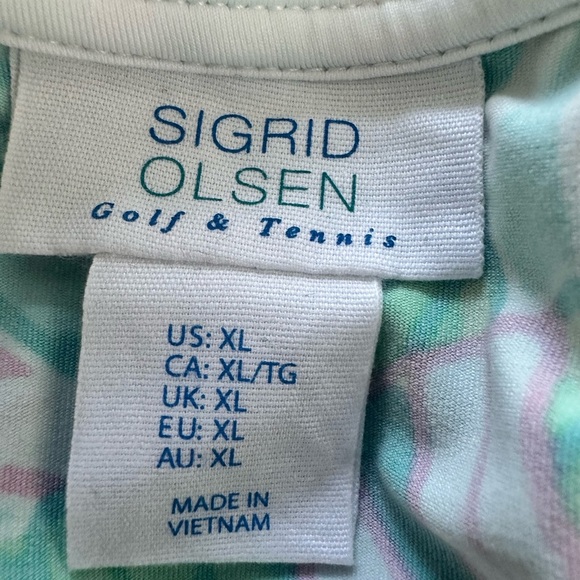 Sigrid Olsen Green and Pink Leaf Print Top - Picture 8 of 9